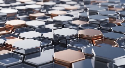 Fototapeta premium Abstract Hexagonal Grid Pattern with Metallic Textures and Depth of Field.