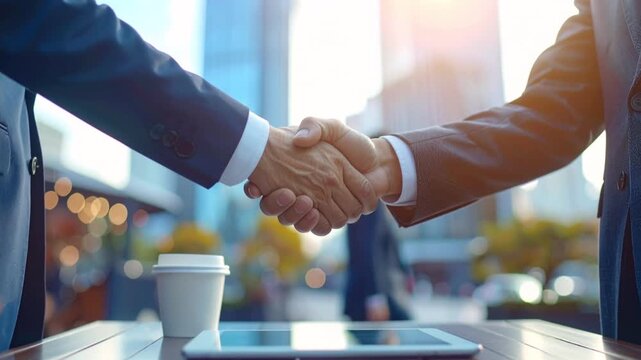 ビルが並ぶ都会のオープンカフェで握手を交わすスーツ姿の男性の手元　ビジネス、商談、契約イメージ