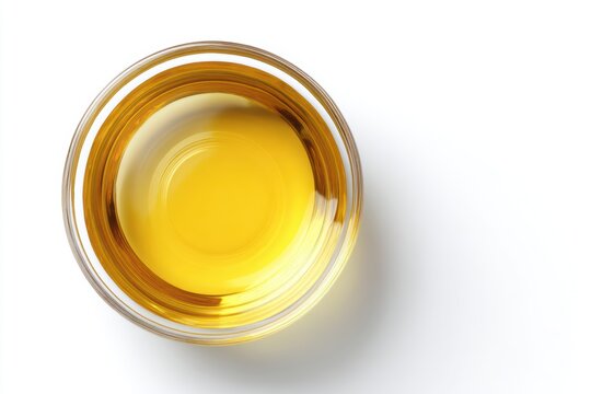 cooking oil in glass bowl isolated on white background, top view, minimal food concept, soft studio lighting