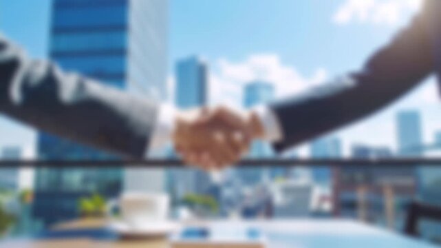 ぼかし背景素材: 都会の屋上カフェで握手を交わすスーツ姿の男性の手元　ビジネス、商談、契約イメージ