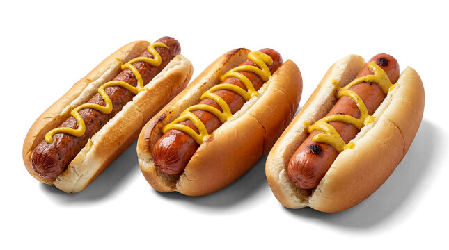 crispy grilled hot dogs generously drizzled with mustard, arranged side-by-side in toasted buns against a white backdrop.