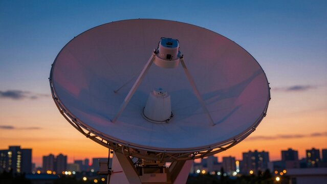 A large parabolic satellite dish pointed upward against a vibrant sunset, with a blurred city skyline in the background. The scene highlights technology and communication.