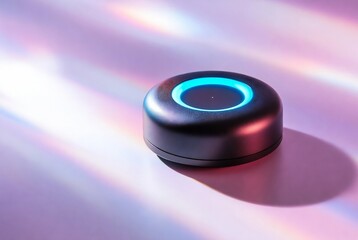 A smart speaker is on a reflective surface with colorful light reflections.