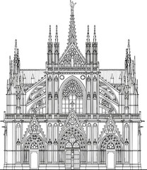 Fototapeta premium Gothic cathedral facade illustration, medieval church architecture detailed line art, historic gothic building vector drawing