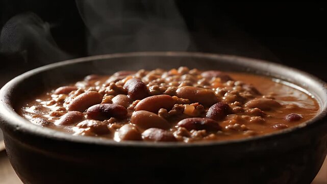 Hearty Bowl of Steaming Chili Beans and Ground Beef with Lentils and Onions Garnishes Served in Rustic Ceramic Bowl with Warm Lighting and Dark Background