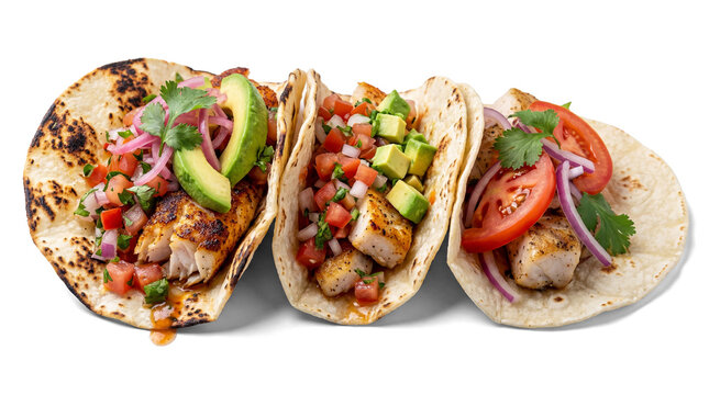 vibrant grilled fish tacos with fresh toppings and tortillas, isolated on a transparent background for design flexibility.