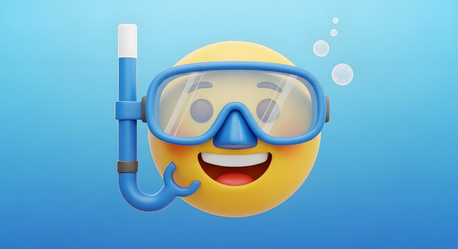 A 3D rendered yellow emoji face wearing a blue snorkeling mask and tube with bubbles