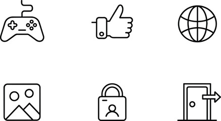Gaming and digital interface icons set, joystick controller, social media like, global web and security symbols © Billal