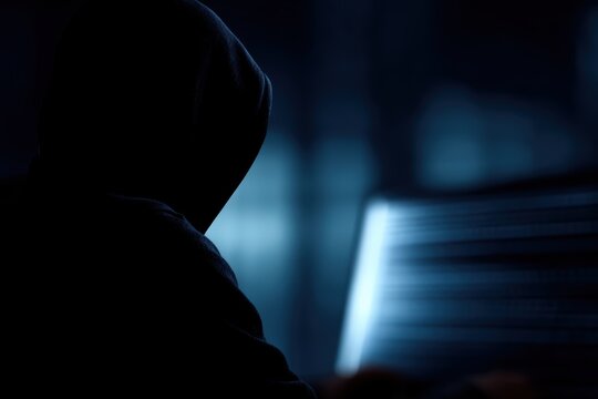hacker silhouette working in dark room with glowing computer screens and cyber code
