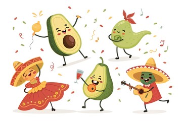 Fototapeta premium Cheerful cartoon avocados celebrating a vibrant fiesta or Mexican themed party with music dancing and colorful confetti scattered all around them creating a fun atmosphere