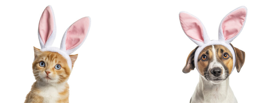 easter pets: cat and dog with bunny ears on white background.