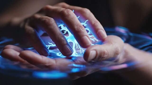 Human hands holding a glowing blue neuron, symbolizing brain activity and neurological processes.