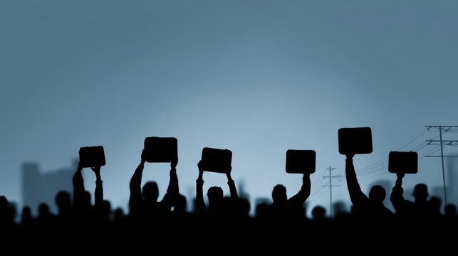 Silhouette of protesters raising empty fuel cans in fictional economic protest