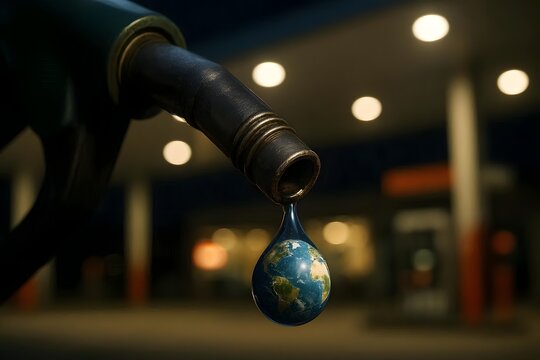 Gasoline Drop Shaped Like Earth Falling from Fuel Nozzle - Global Fuel Crisis Concept