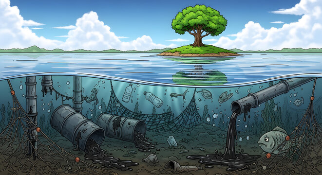 A split view showing a clean surface and a polluted underwater environment