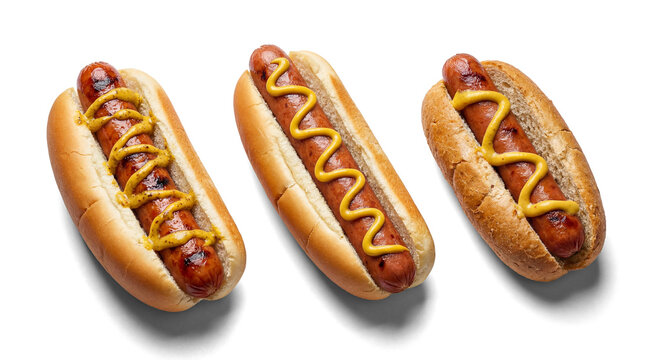 three grilled hot dogs with mustard in buns on a transparent background, showcasing a delightful culinary presentation.