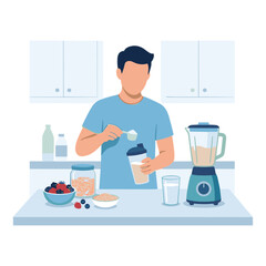 Man preparing a smoothie with fruits and blender in kitchen