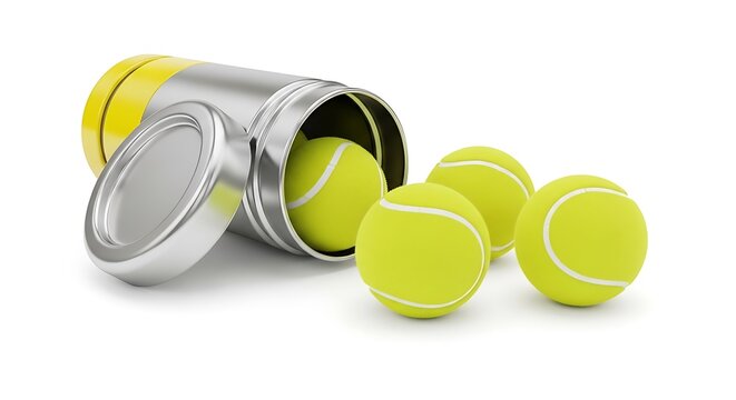 Bright Yellow Tennis Balls Spilling from a Metal Can on a White Background.