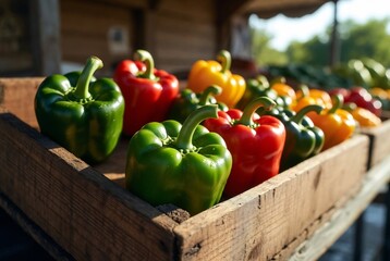 A wooden crate filled with colorful bell peppers sits on a porch.