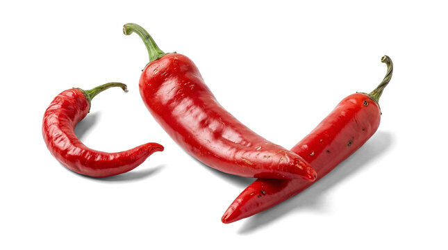 three vivid red chili peppers, featuring a notably curved specimen, isolated against a dramatic transparent background with subtle highlights.
