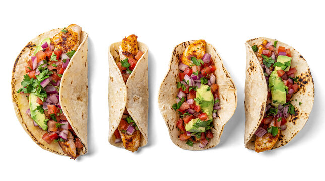 four vibrant fish tacos arranged in a row on a stark transparent background, highlighting their fresh, colorful fillings and soft tortillas.