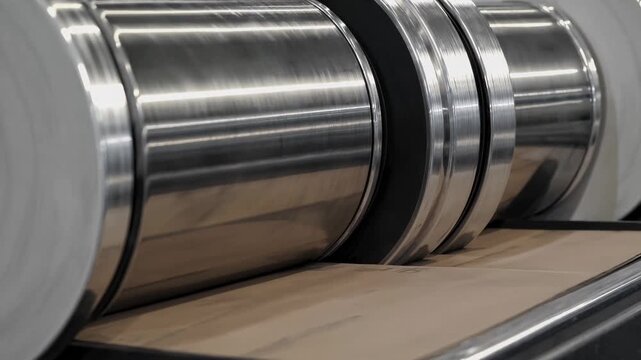 Metallic rolls of industrial material gradually shift on a conveyor belt, showcasing the smooth surface and cylindrical shape in a manufacturing environment