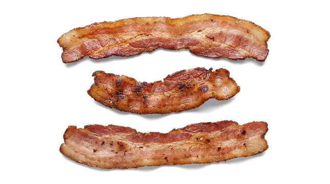 three strips of perfectly cooked, crispy bacon arranged vertically on a stark transparent background, highlighting texture and color.