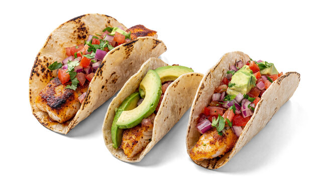 three appetizing fish tacos with fresh avocado and pico de gallo, captured in a studio setting against a transparent background, ideal for versatile graphic design applications.