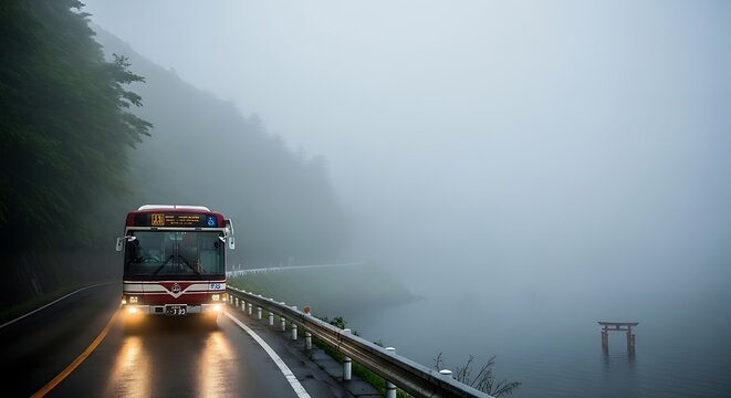 Bus driving on a foggy mountain road with headlights on.