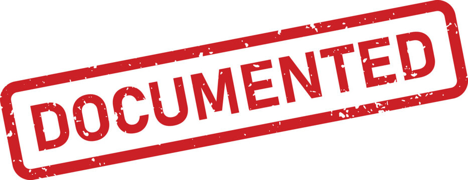 A prominent red grunge rubber stamp featuring the clear word DOCUMENTED on a plain white background