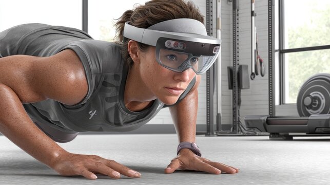 Health focus fitness enthusiast engaged in push-ups and digital training in gym