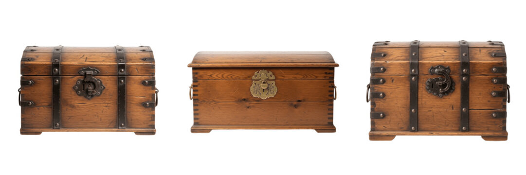 Set of three vintage wooden treasure chests with metallic latches, antique pirate trunks and decorative storage boxes isolated on white background.
