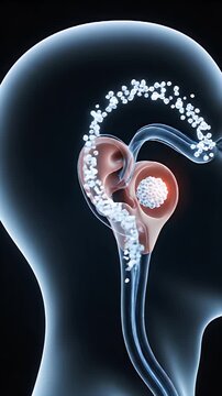 Medical CGI visualization of inner ear structures illustrating vestibular system and otoliths disturbance causing vertigo on a dark blue background