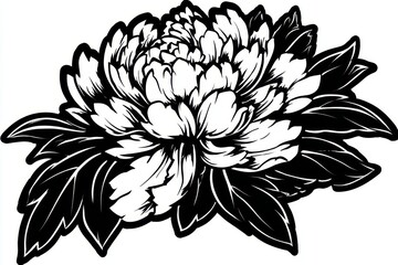 Obraz premium Monochrome Peony Blossom with Intricate Petal Detail and Stylized Leaf Surroundings Against White Backdrop