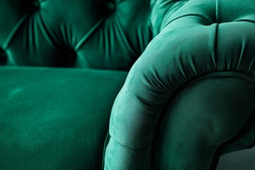 Fototapeta premium Explore the details of a vintage sofa in emerald velour fabric with stitched design and blurred background