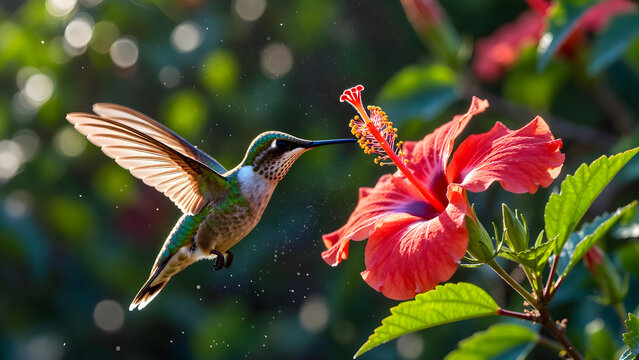Cute Small Wild Bird Drinking Sweet Nectar From Bright Red Flower Blossom in Spring Garden &mdash; Hummingbird Style Close Up Wildlife Nature Photography With Soft Floral Background