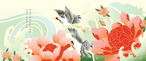 Peony and crane Japanese floral background vector. Red peony flowers with flying cranes in elegant oriental design for banner, greeting card, wall art, packaging and digital media. © TWINS DESIGN STUDIO
