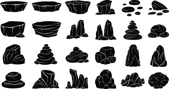 Rock and stone silhouette vector set with natural boulders, stacked stones, cliffs, and landscape rock formations isolated black shapes