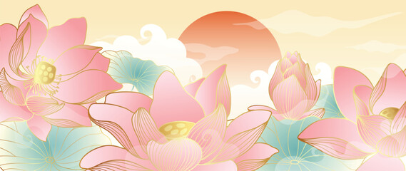 Naklejka premium Lotus flower sunrise oriental background vector. Pink lotus blooms with glowing sun and soft water in elegant Asian floral landscape for banner, wall art and packaging.