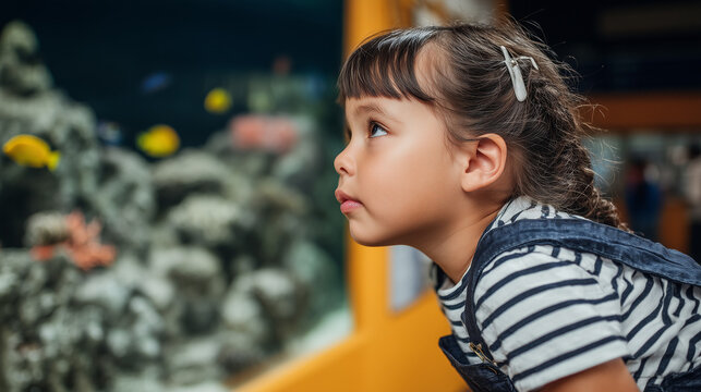 Curious young girl looking at fish in large aquarium. Child discovering marine life at public oceanarium. Childhood wonder and learning