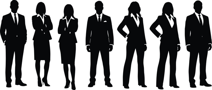 Professional business team silhouettes diverse men and women in formal suits standing together corporate group vector illustration isolated on white background
