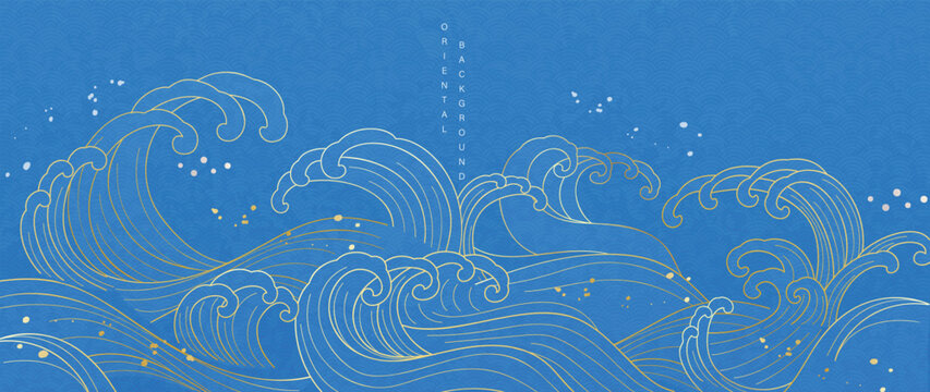 Japanese wave oriental background vector. Blue ocean waves with golden line details in elegant traditional design for banner, wall art, packaging and digital media.