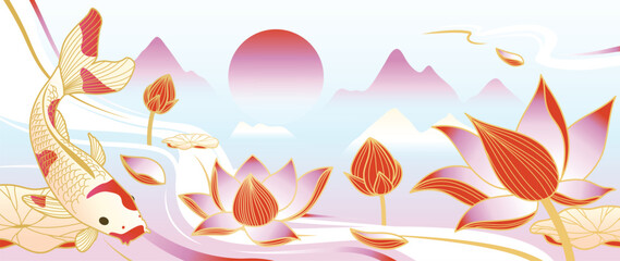 Naklejka premium Lotus and koi fish oriental landscape vector. Pastel mountains, sunrise, lotus flowers and swimming koi in elegant Asian background for banner, wall art, packaging and digital media.