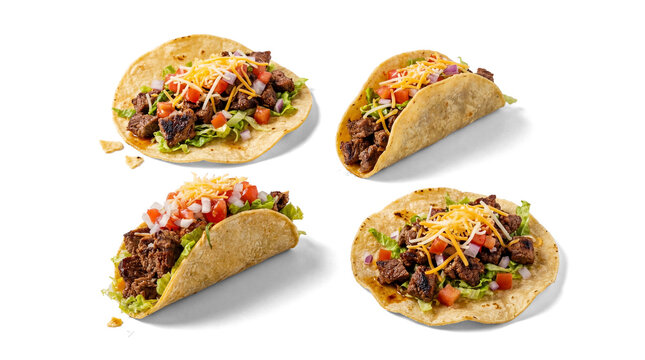 four delectable steak tacos with vibrant toppings and shredded cheese, presented in a clean layout on a white background.