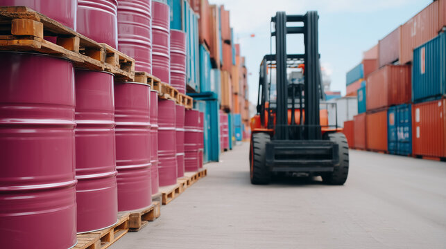 Magenta barrels on pallets in industrial container yard. Forklift and shipping containers in background. Logistics, supply chain and global trade