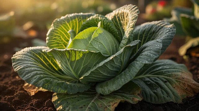 Fresh green cabbage growing in garden soil with morning dew drops on leaves