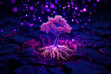 Fototapeta premium Luminous tree pulses with electric roots beneath cracked earth