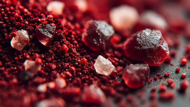 Macro texture of red mineral crystal particles