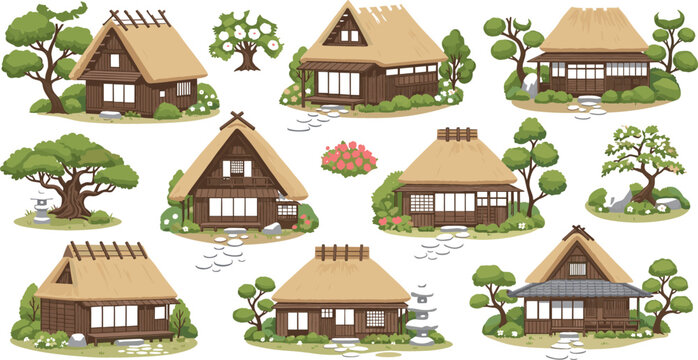 Traditional Japanese countryside houses vector set with rural wooden homes, thatched roofs, garden landscapes, and village architecture illustrations in Asian style