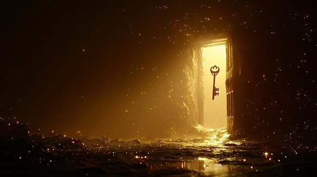 Glowing magical door with floating key inviting to mystery and discovery